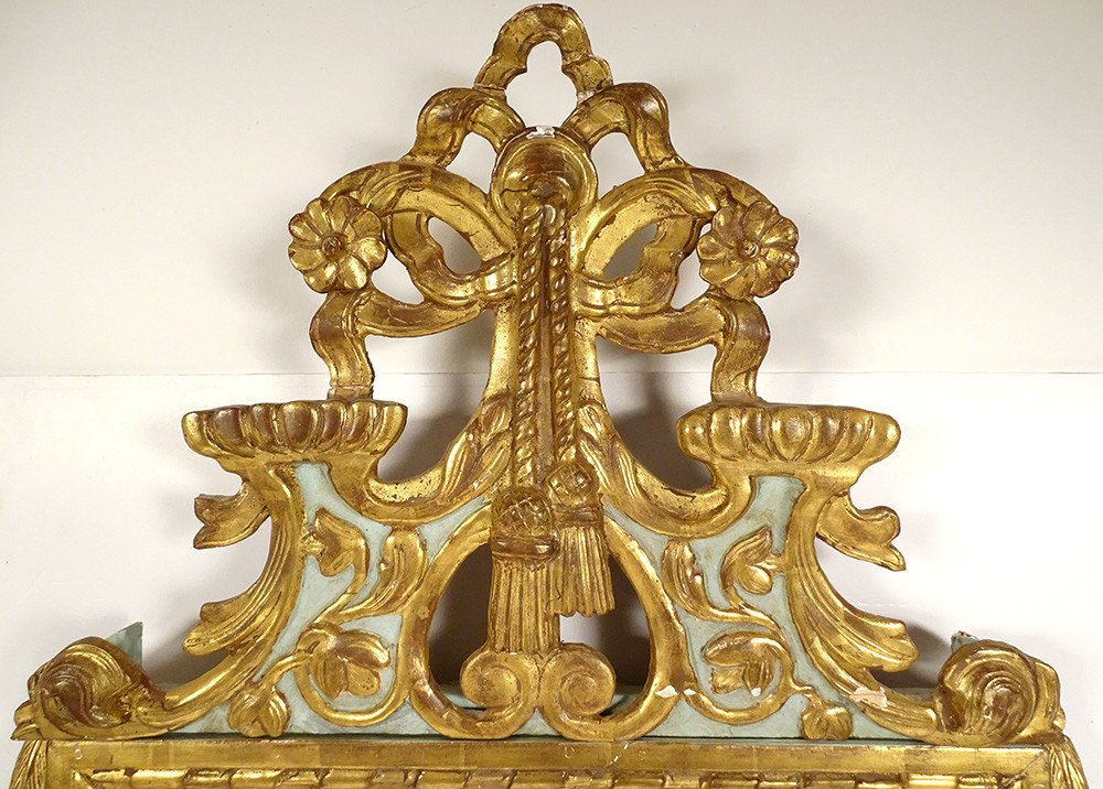 Mirror Louis XVI Golden Carved Wood Pediment Ribbons Flowers Knot Ice Eighteenth-photo-2