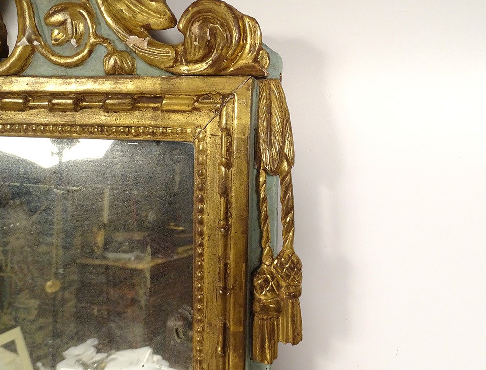 Mirror Louis XVI Golden Carved Wood Pediment Ribbons Flowers Knot Ice Eighteenth-photo-4