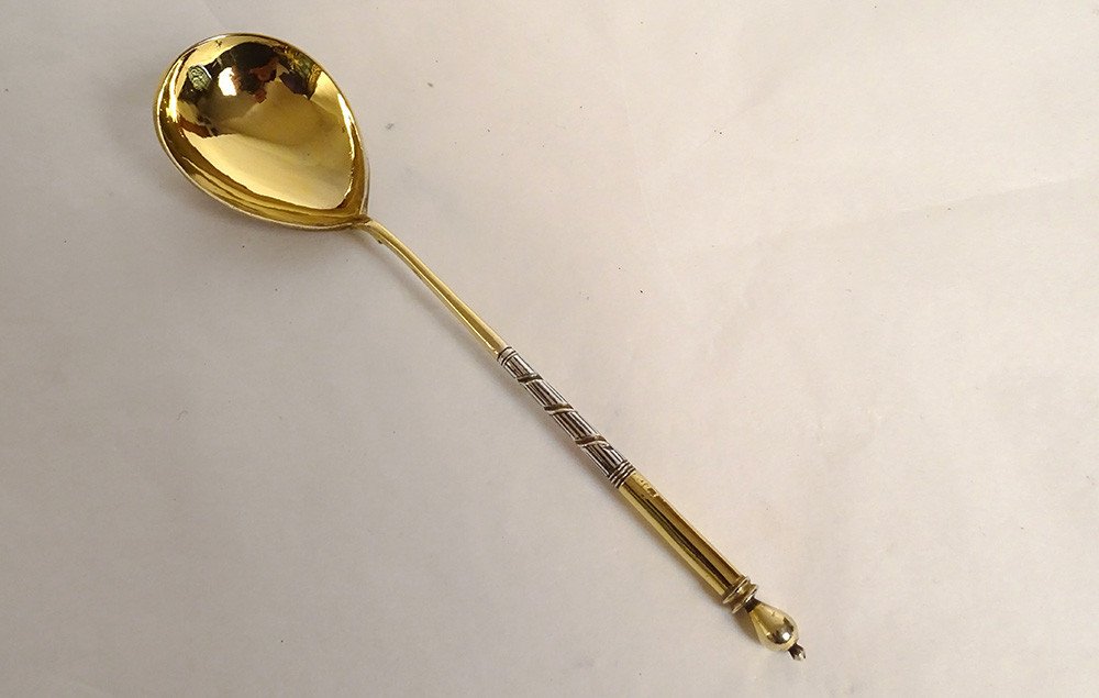 Caviar Spoon Silver Vermeil Russian Twisted Niellé Moscow View Kremlin XXth-photo-2