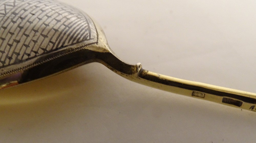 Caviar Spoon Silver Vermeil Russian Twisted Niellé Moscow View Kremlin XXth-photo-3