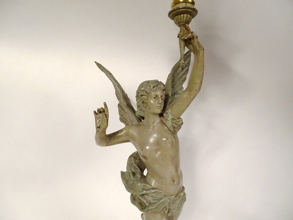 Oil Lamp Sculpture G. Bareau Gloria Winged Woman Crystal Marble 19th-photo-2