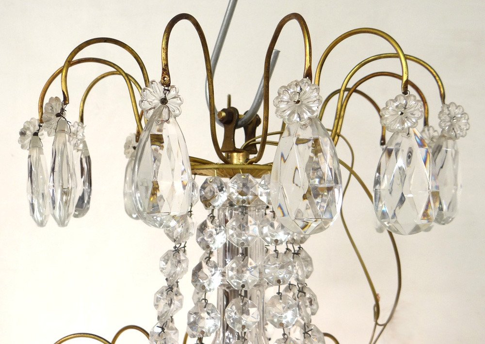 Chandelier 12 Lights Cut Crystal Tassels Gilt Bronze Flower Beads 19th-photo-1