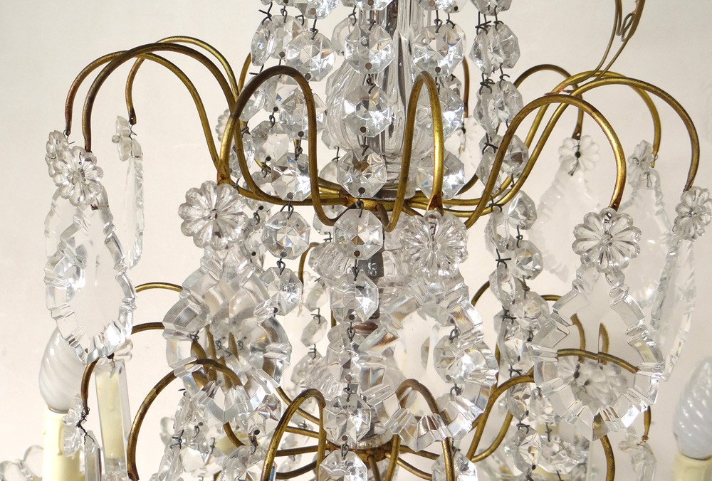 Chandelier 12 Lights Cut Crystal Tassels Gilt Bronze Flower Beads 19th-photo-2