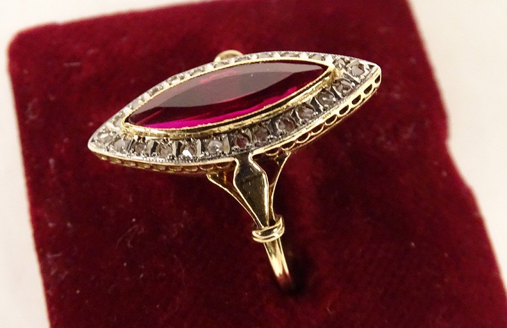 18k Solid Gold Marquise Ring Ruby Stone Small Pink Diamonds Pb 2.94gr 20th-photo-1