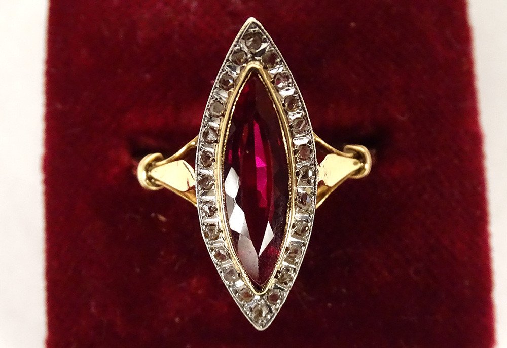 18k Solid Gold Marquise Ring Ruby Stone Small Pink Diamonds Pb 2.94gr 20th-photo-2