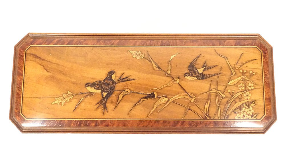 Glove Box Walnut Marquetry Birds Swallows Landscape Late 19th Century-photo-2