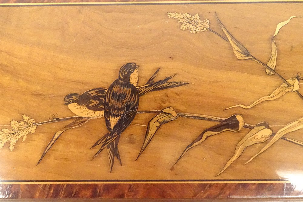 Glove Box Walnut Marquetry Birds Swallows Landscape Late 19th Century-photo-3