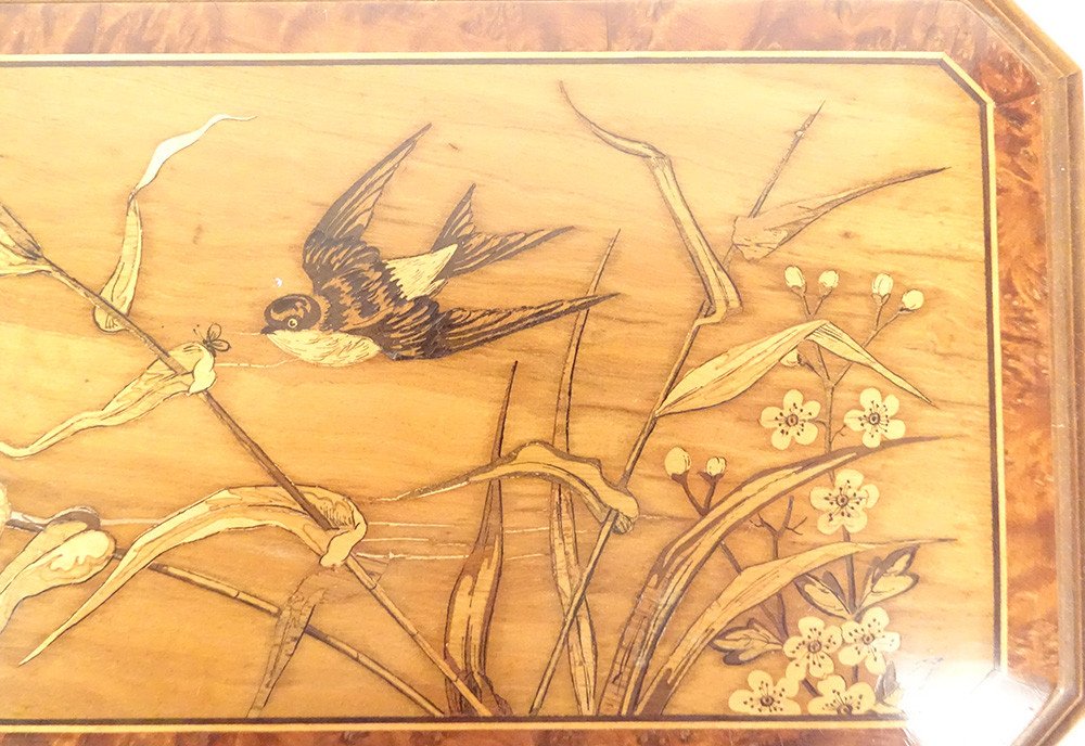 Glove Box Walnut Marquetry Birds Swallows Landscape Late 19th Century-photo-4