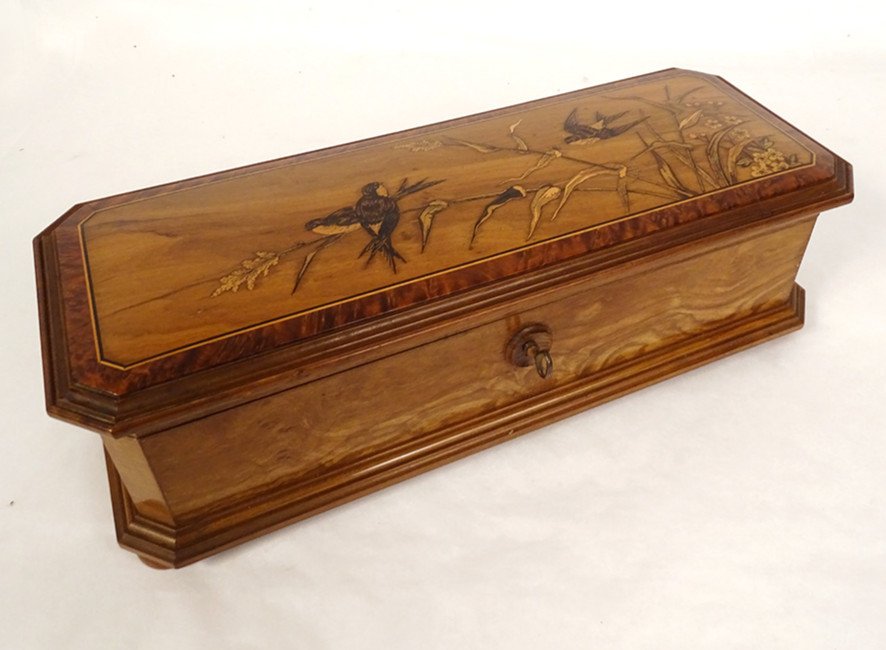 Glove Box Walnut Marquetry Birds Swallows Landscape Late 19th Century