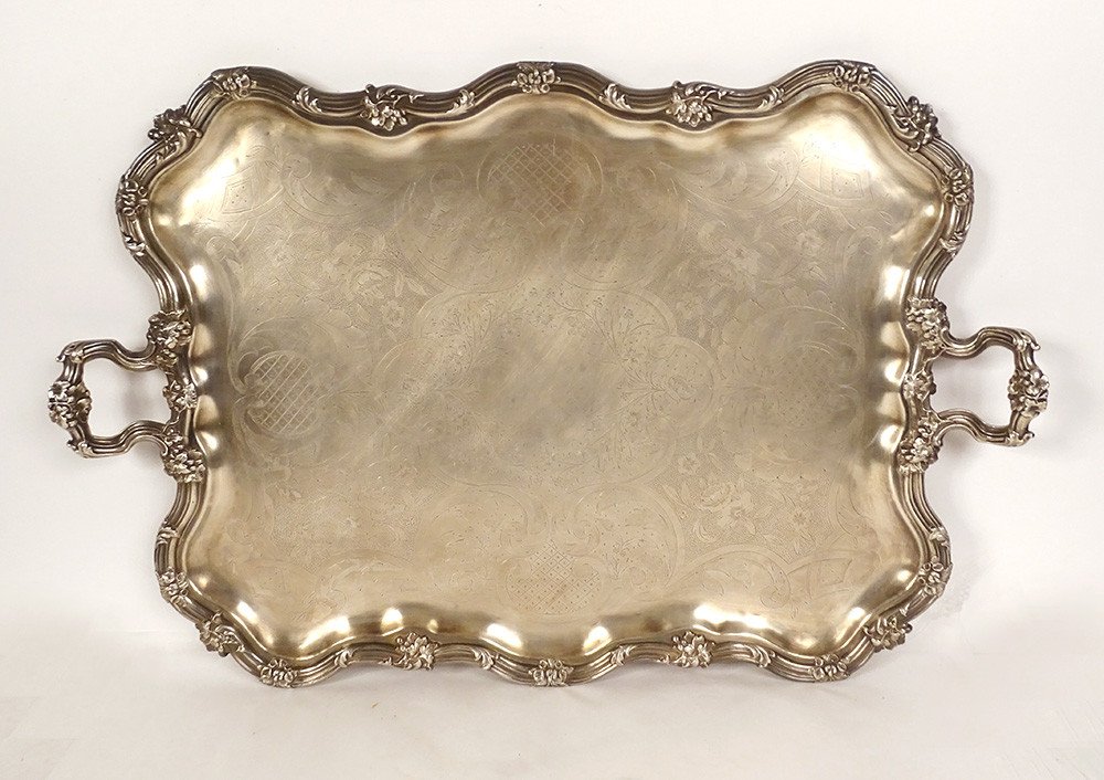 Large Serving Tray With Handles Louis XV Silver Metal Vine 19th Century