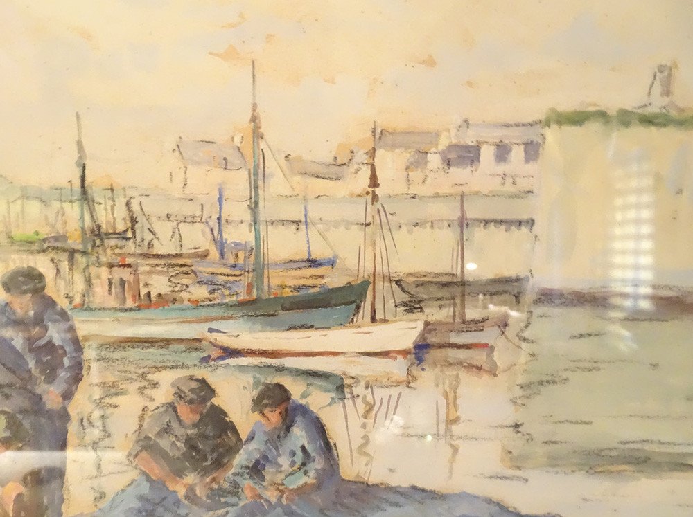 Aquarelle A. Ravallec Pêcheurs Ramendage Filets Port Concarneau Bretagne XXè-photo-4