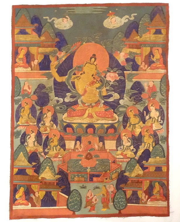 Thangka Tibétain Peinture Bouddhiste Bodhisattva Manjushri Tibet XXème