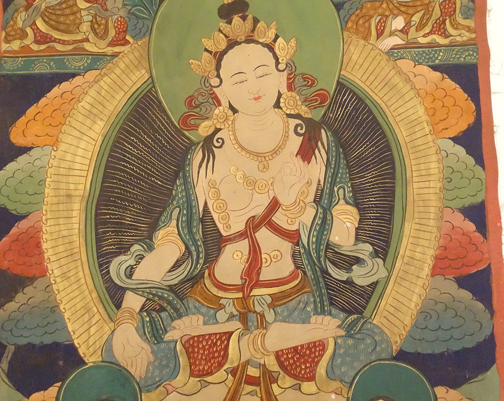 Thangka Tibétain Peinture Bouddhiste Déesse Tara Blanche Bouddha Tibet XXè-photo-2