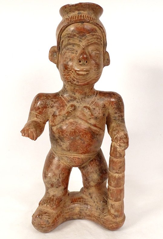 Pre-columbian Sculpture Colima Mexico Shaman Standing Earth Snake Stick