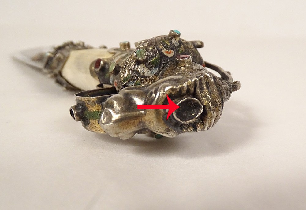 Paper Opener Foreign Silver Feline Head Turquoise Enamels Chimeras 19th Century-photo-4