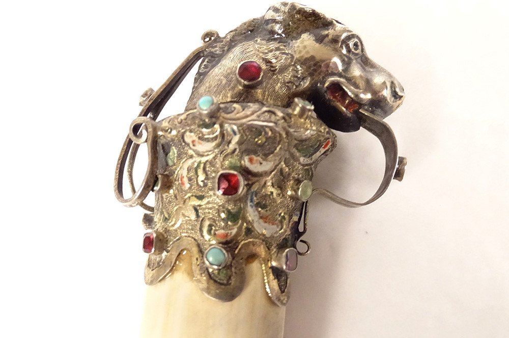 Paper Opener Foreign Silver Feline Head Turquoise Enamels Chimeras 19th Century-photo-6