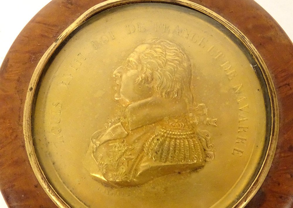 Boîte Ronde Miniature Laiton Profil Roi Louis XVIII Loupe Amboine XIXème-photo-2