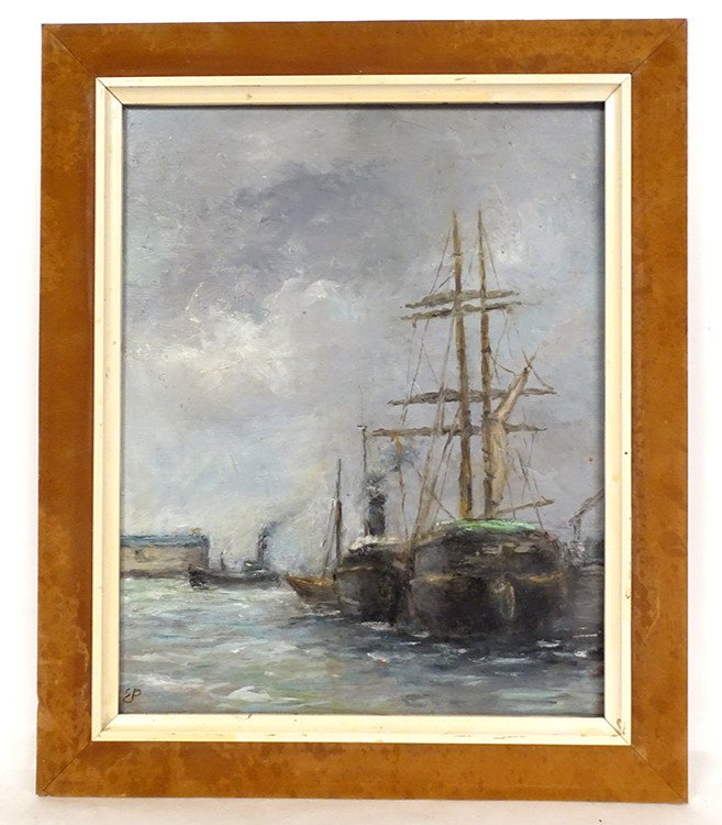 HSP Tableau Marine Bateaux Voiliers Port Paysage Monogrammé Début XXème