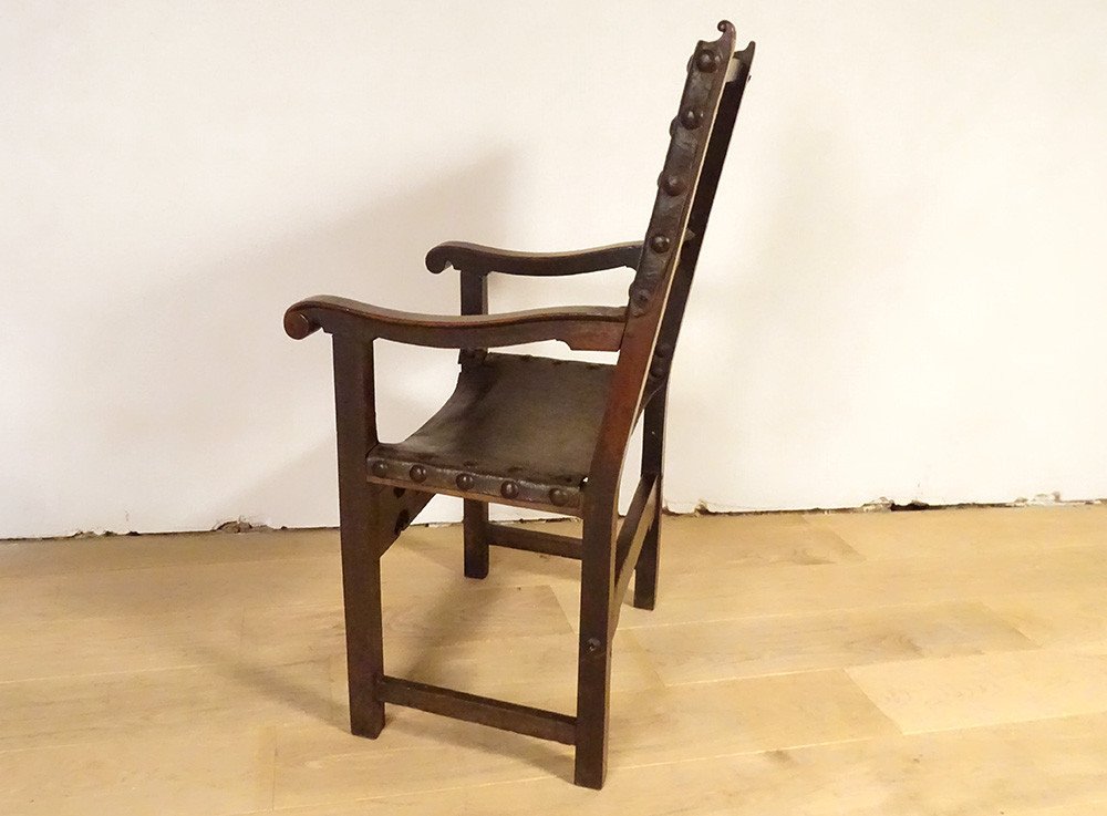 Armchair High Arm Chair Period Carved Walnut Embossed Leather 17th Century-photo-6