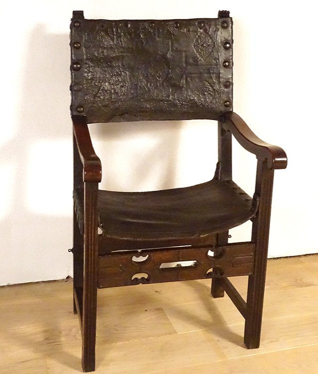 Armchair High Arm Chair Period Carved Walnut Embossed Leather 17th Century