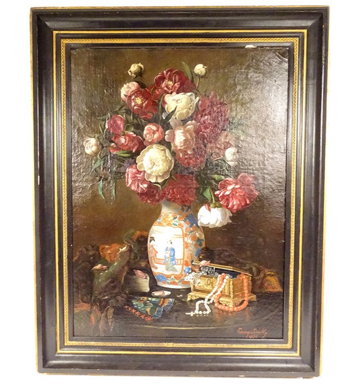 Large Hst Georges Deully Still Life Peonies Vase Jewelry Box 1876