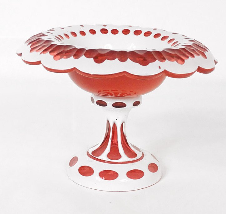 Coupe Décorative Baguier Vide Poche Cristal Taillé Rouge Blanc XIXème Siècle