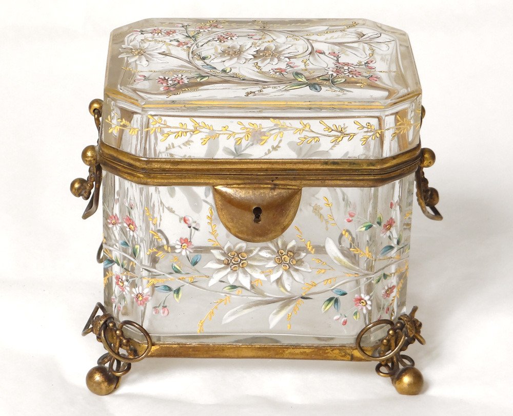 Jewelry Box Box Enameled Glass Bohemian Crystal Moser Edelweiss 19th Century-photo-2