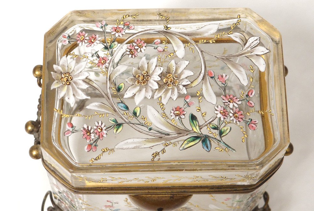 Jewelry Box Box Enameled Glass Bohemian Crystal Moser Edelweiss 19th Century-photo-4