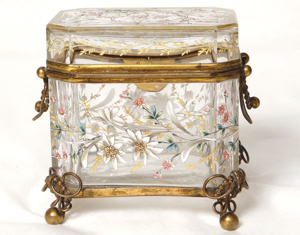 Jewelry Box Box Enameled Glass Bohemian Crystal Moser Edelweiss 19th Century-photo-3