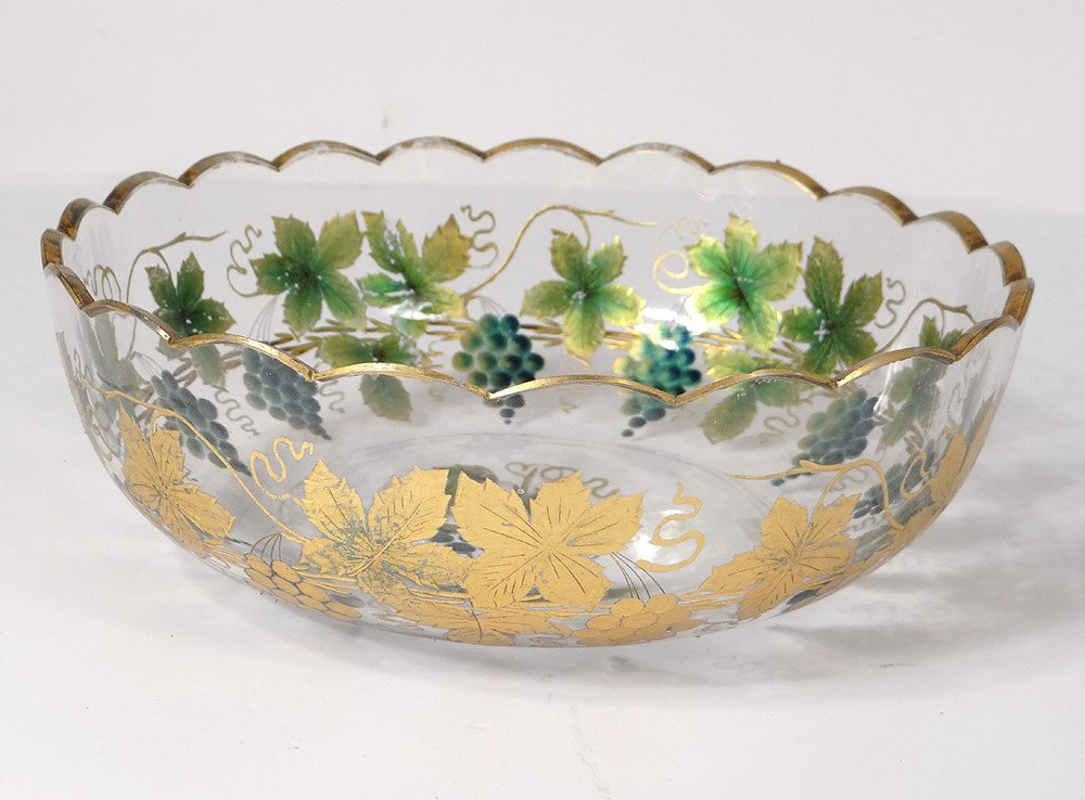 Enameled Glass Cup Gilding Leaves Vine Grapes 19th Century-photo-2