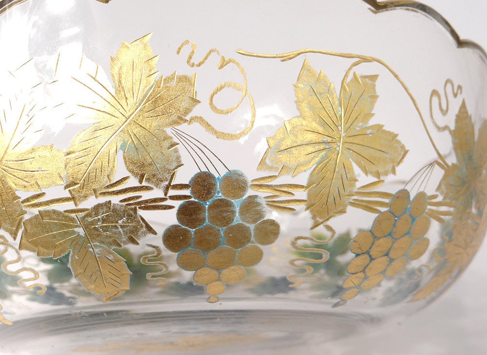 Enameled Glass Cup Gilding Leaves Vine Grapes 19th Century-photo-3