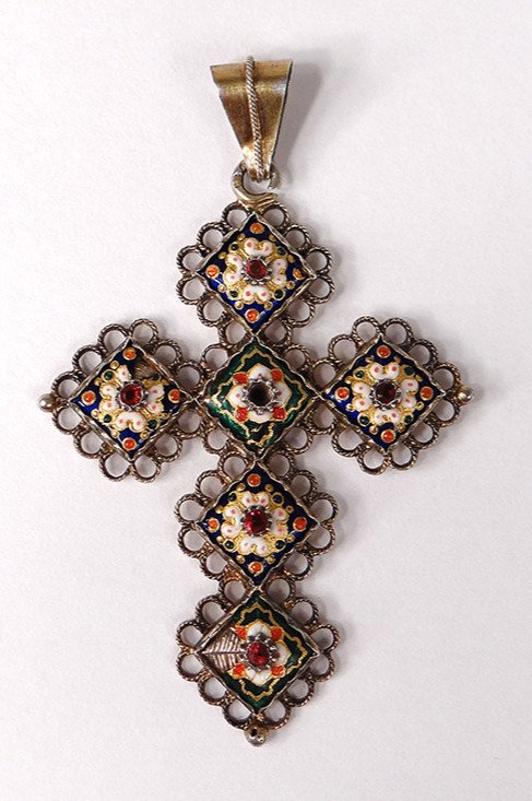 Bressane Cross Pendant Silver Vermeil Enamels Stones Jewelry 19th Century