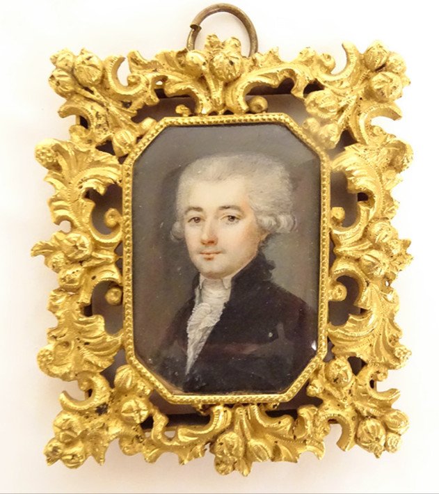 Miniature Peinte Portrait Gentilhomme Noble Cadre Bronze Doré XIXè Siècle