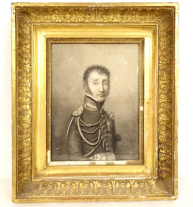 Painting Drawing Portrait Officer Uniform Medal Stuccoed Frame 19th Century