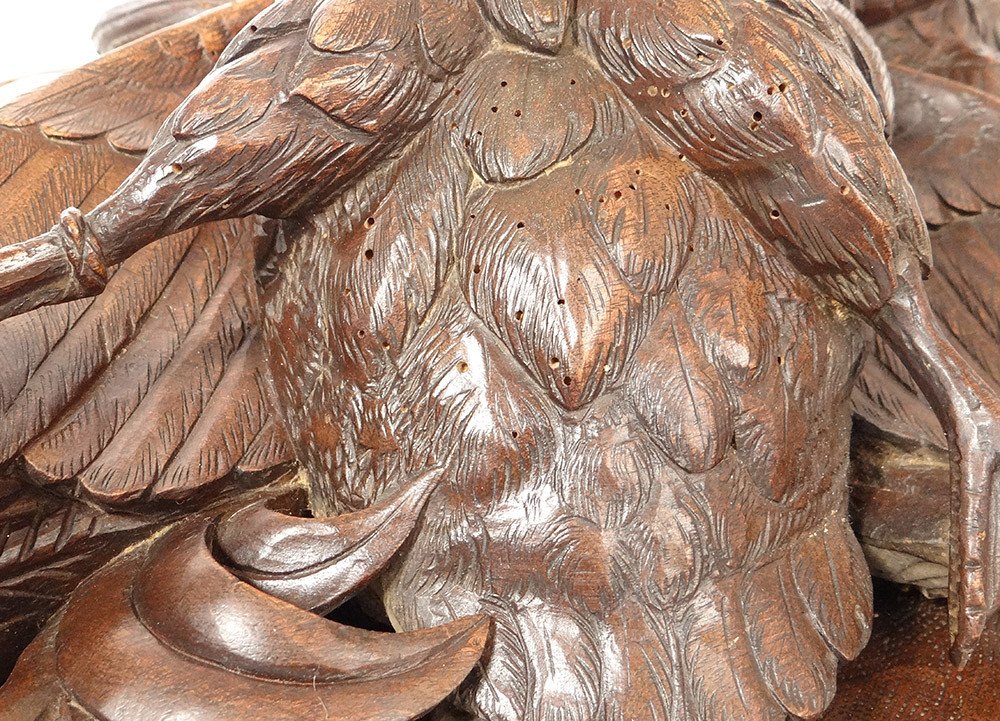Sculpture Trophée Chasse Black Forest Bois Sculpté Oiseaux Canard XIXème-photo-8