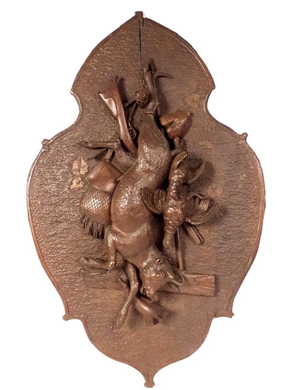 Sculpture Trophée Chasse Black Forest Bois Sculpté Chamois Perdrix XIXème