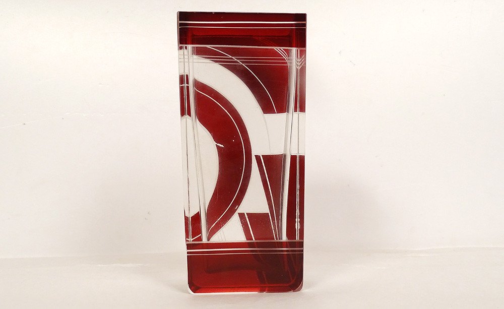 Karl Palda Vase Enameled Cut Glass Art Deco Geometric Decor 1930 20th-photo-2