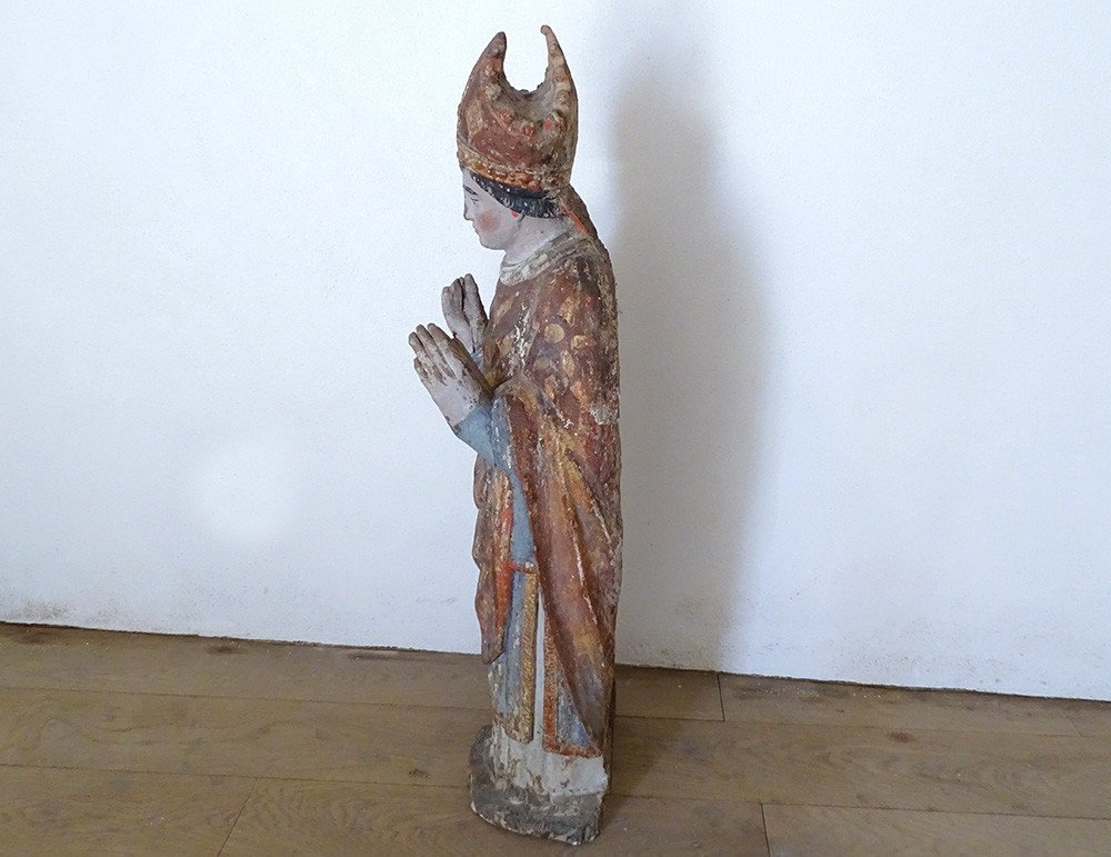 Large Sculpture Statue Saint Bishop Carved Polychrome Wood XVIIth Century-photo-3