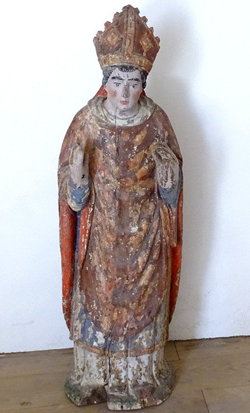 Grande Sculpture Statue Saint évêque Bois Sculpté Polychrome XVIIème Siècle