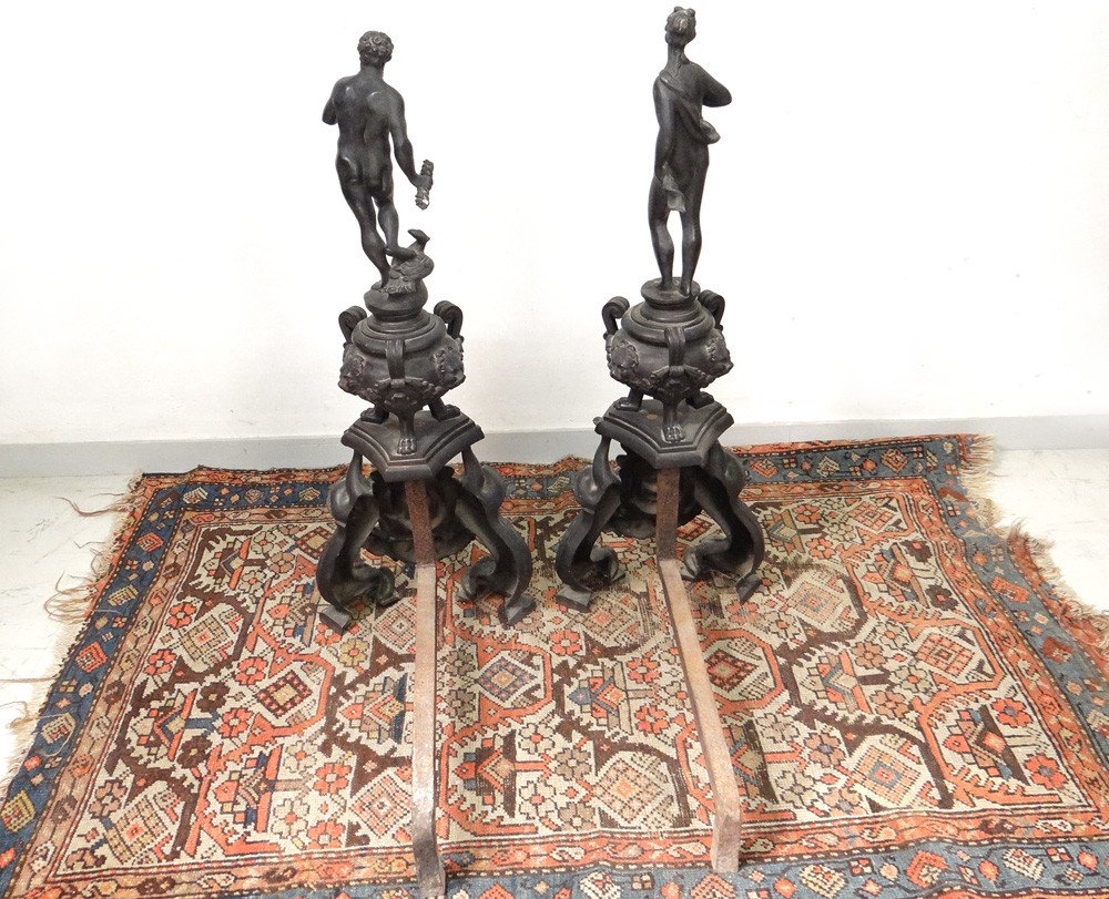 Pair Large Andirons Fireplace Bronze Castle Jupiter Junon Italy 19th-photo-7