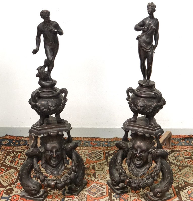 Pair Large Andirons Fireplace Bronze Castle Jupiter Junon Italy 19th