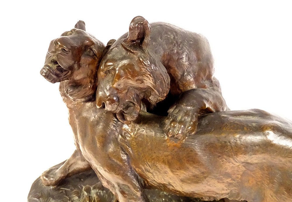 Grande Sculpture Charles Valton Bronze Deux Lionnes Sculpteur Animalier 19è-photo-1