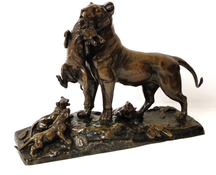Sculpture Auguste Cain Bronze Lionne Et Lionceaux Susse Frères Paris XIXème