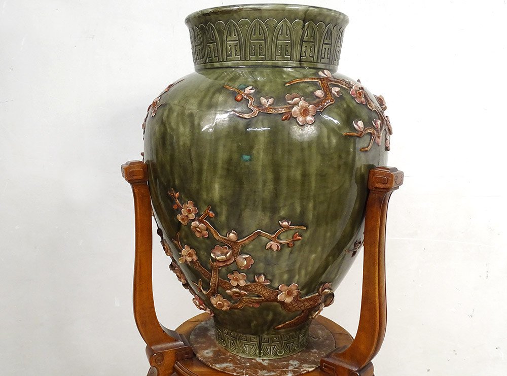 Large Earthenware Vase Jules Vieillard Bordeaux Japanese Decor Sellette 19th-photo-4