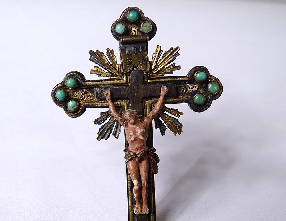 Petit Crucifix Autriche Vienne Croix Argent émaillé Turquoises Christ XIXè-photo-3