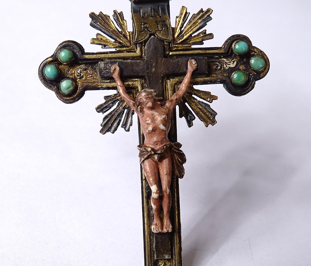 Petit Crucifix Autriche Vienne Croix Argent émaillé Turquoises Christ XIXè-photo-4