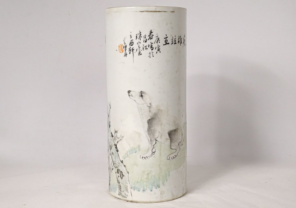 Porcelain Roller Vase China Dog Bird Tree Poem Signed Guangxu 19th-photo-2