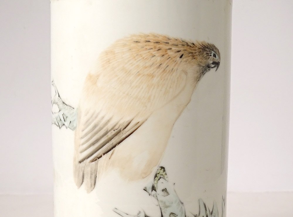 Porcelain Roller Vase China Dog Bird Tree Poem Signed Guangxu 19th-photo-4