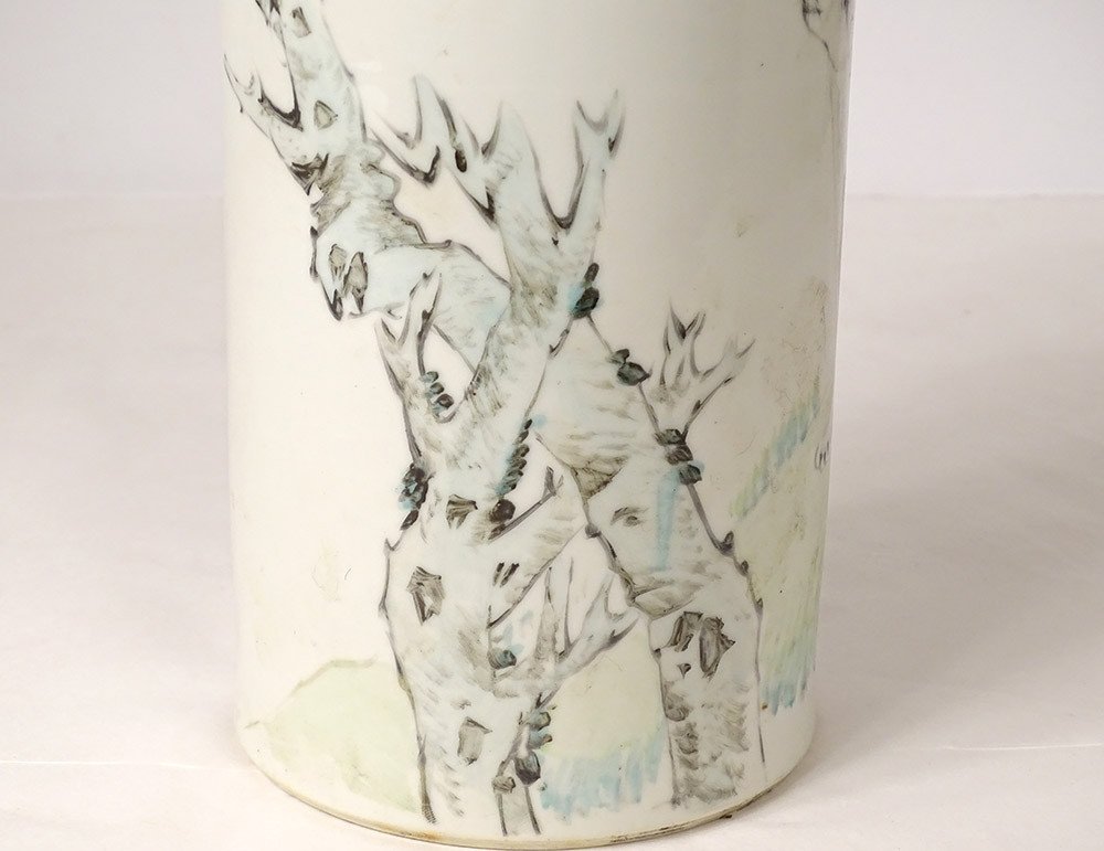 Porcelain Roller Vase China Dog Bird Tree Poem Signed Guangxu 19th-photo-2