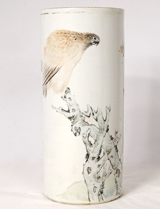 Porcelain Roller Vase China Dog Bird Tree Poem Signed Guangxu 19th